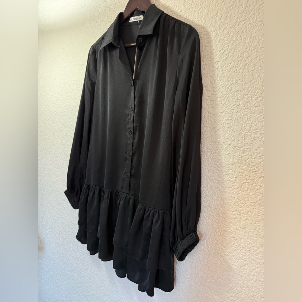 Uli Herzner Black Shirt Dress | Ruffle Hem| Silk Blend | Elegant Mini Dress - Picture 4 of 13